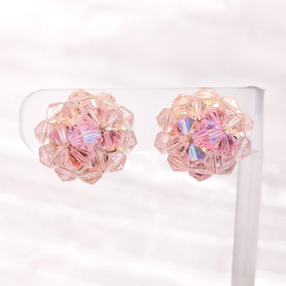 Vintage Clip On Earrings 7/8" Pink Beaded Cluster Earrings Stylish Retro